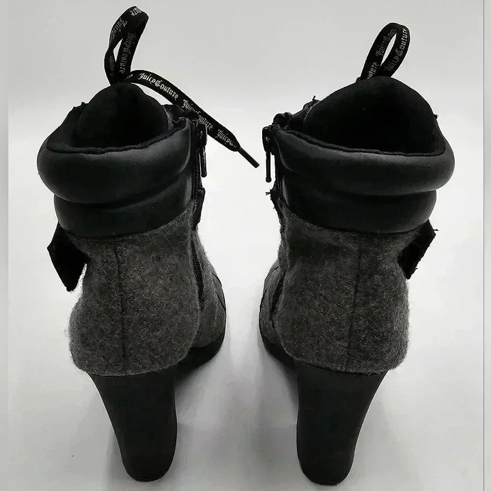 Juicy Couture Womens Size 6.5 Lace Up Grey Wool Heeled Boots - Picture 4 of 7
